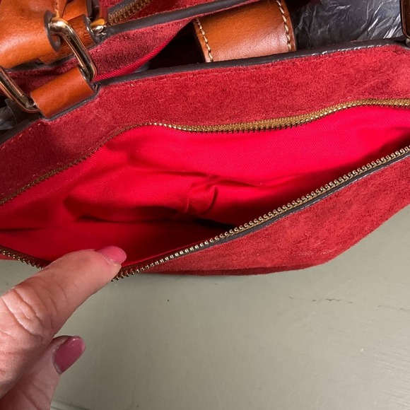 Dooney & Bourke Suede Zip Satchel Crossbody Bag Red Double Handle Pockets Footed - Picture 5 of 11